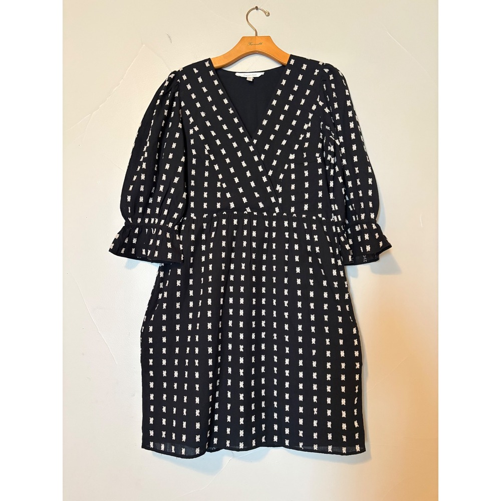 Garnet Hill Black Organic Cotton Clip Dot Dress Embroidered Dot Puff Sleeve  4